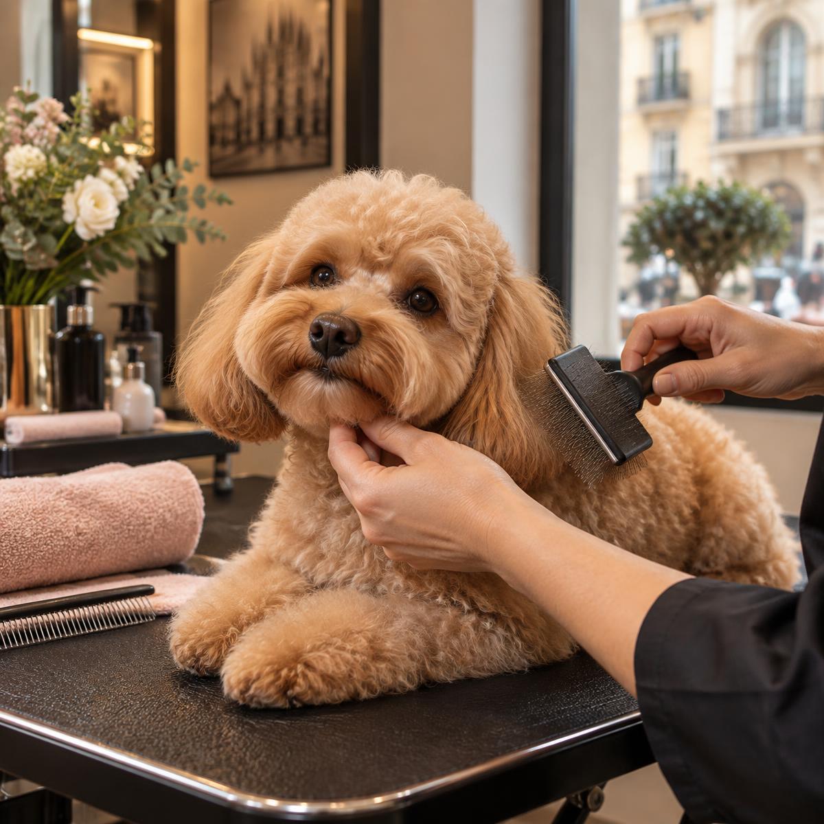 Cane rilassato durante un delicato momento di spazzolatura