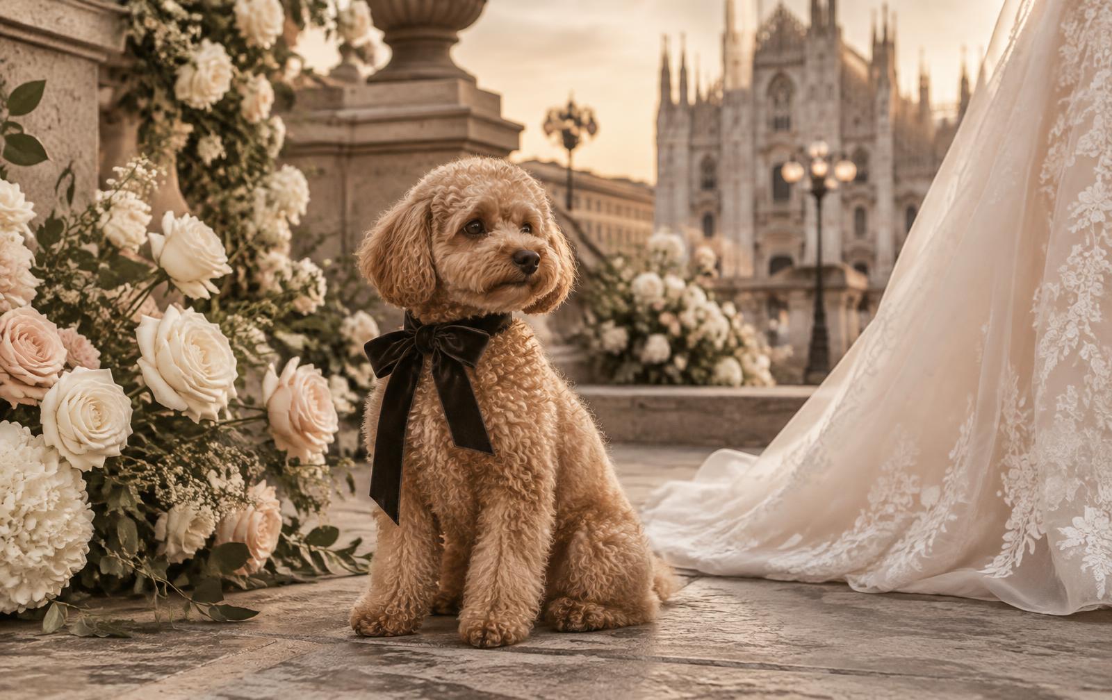 Cane elegante accanto a fiori e abito da sposa